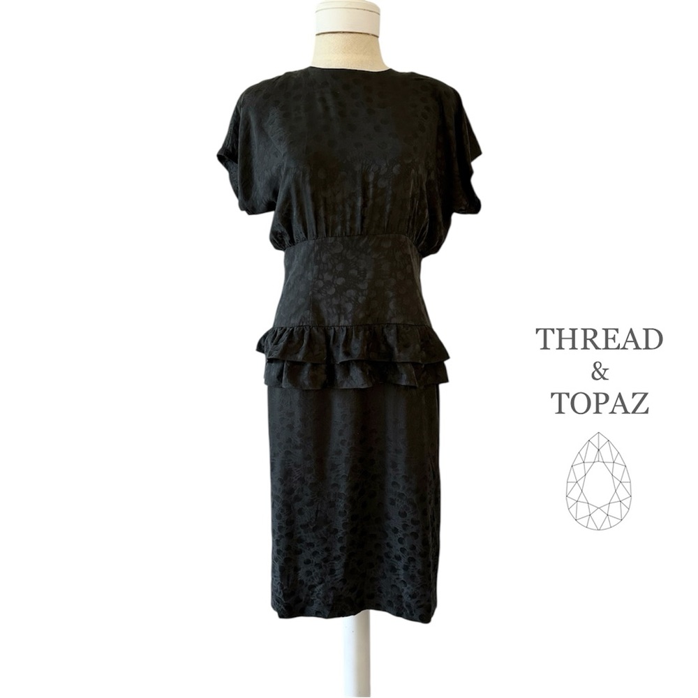 Vintage 80s Silk Studio Peplum Ruffle Dress Black